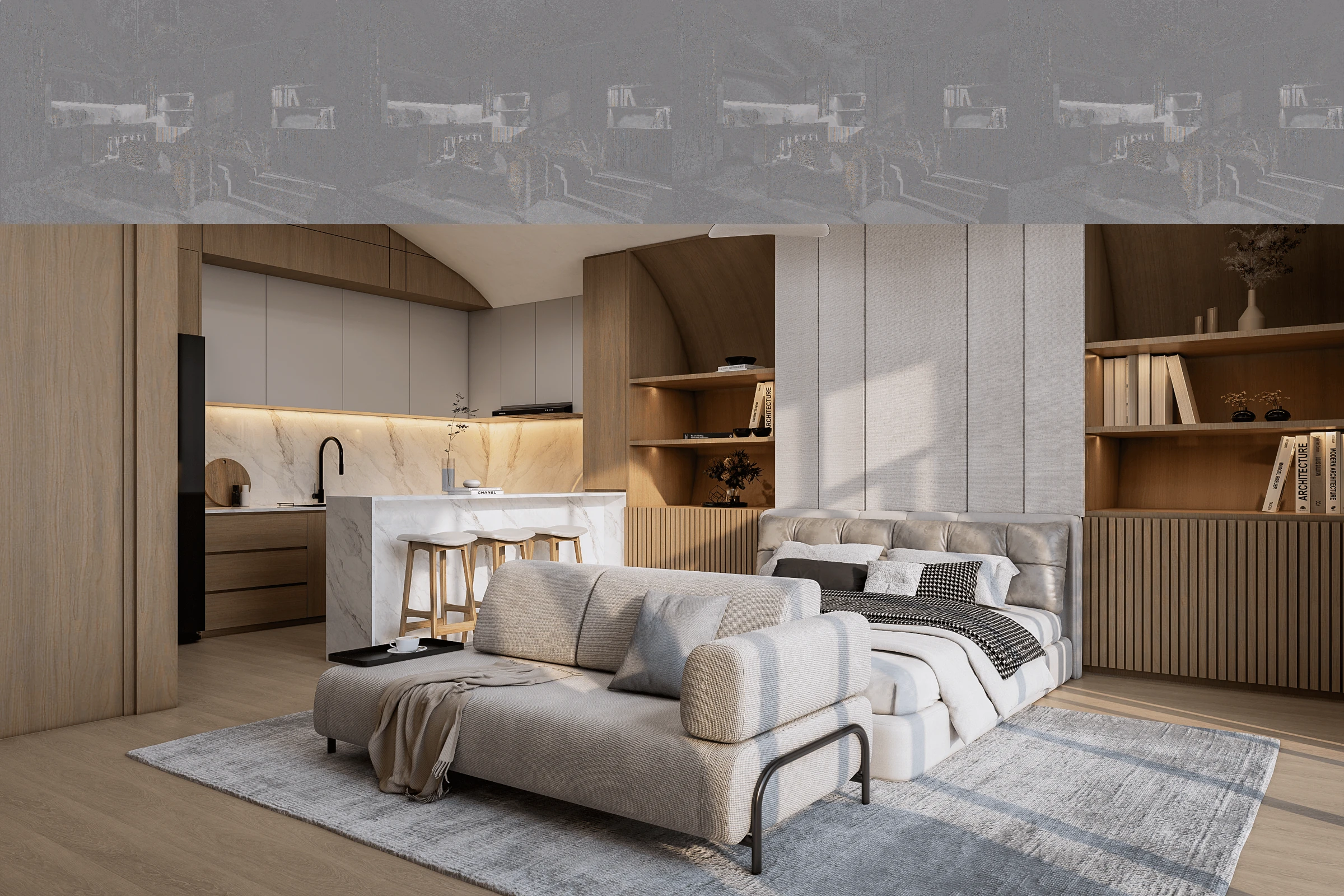 Earthy Luxe suite with warm timber, pale stone and layered linen