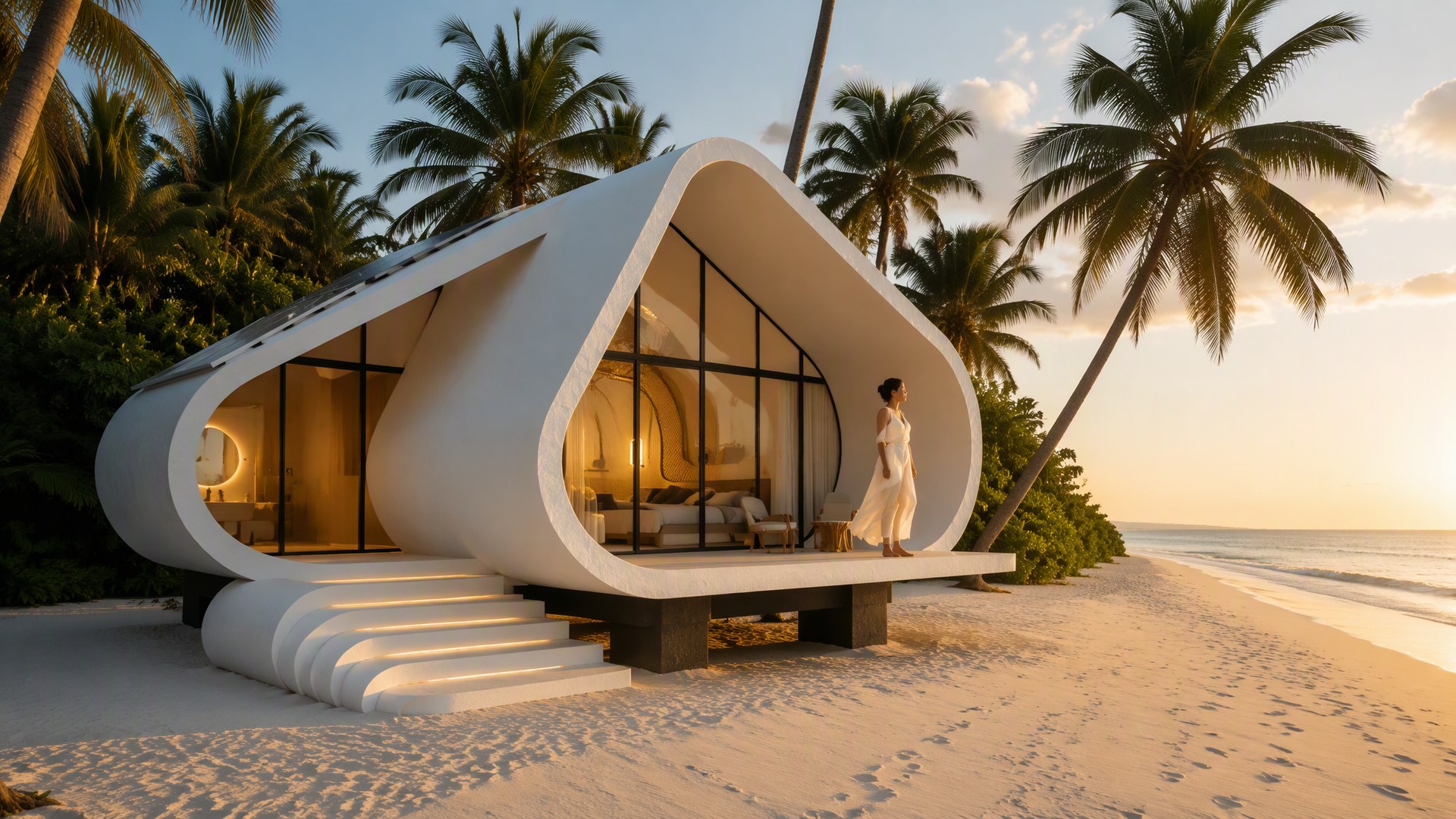 Sculpted beachfront Drop Pod villa with an open veranda