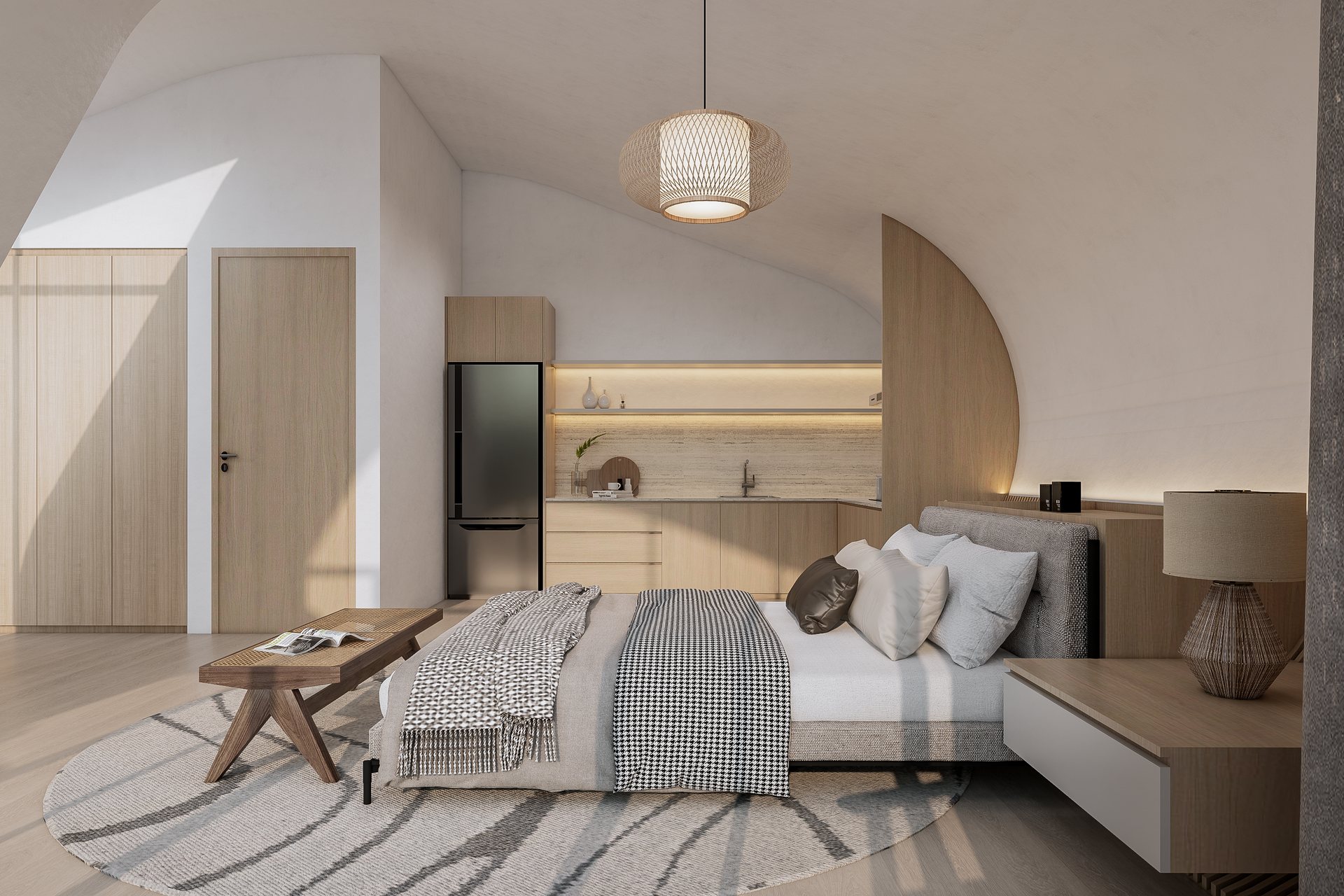 Warm Organic suite with natural wood finishes